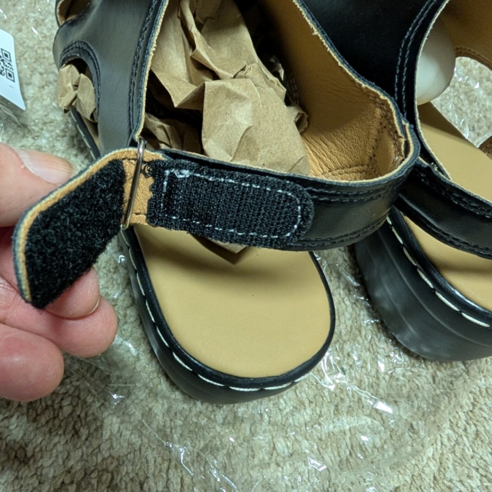 Black Leather-like Wedge Open-Toe Sandals - Picture 7 of 7